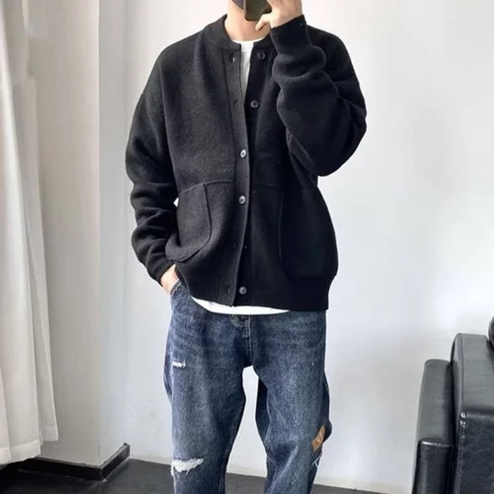 Mens Cardigan Relaxed-Fit Button-Up Knit Jacket