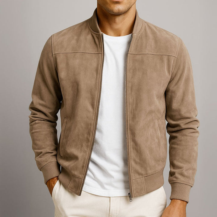 Mens Cardigan Suede Bomber Jacket Slim Fit Zip-Up - Brown