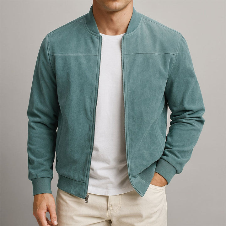 Mens Cardigan Suede Bomber Jacket Slim Fit Zip-Up - Blue