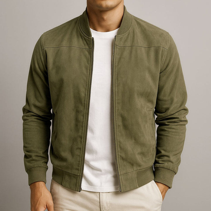 Mens Cardigan Suede Bomber Jacket Slim Fit Zip-Up - Green