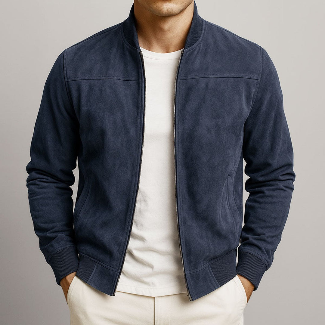 Mens Cardigan Suede Bomber Jacket Slim Fit Zip-Up - Dark Blue