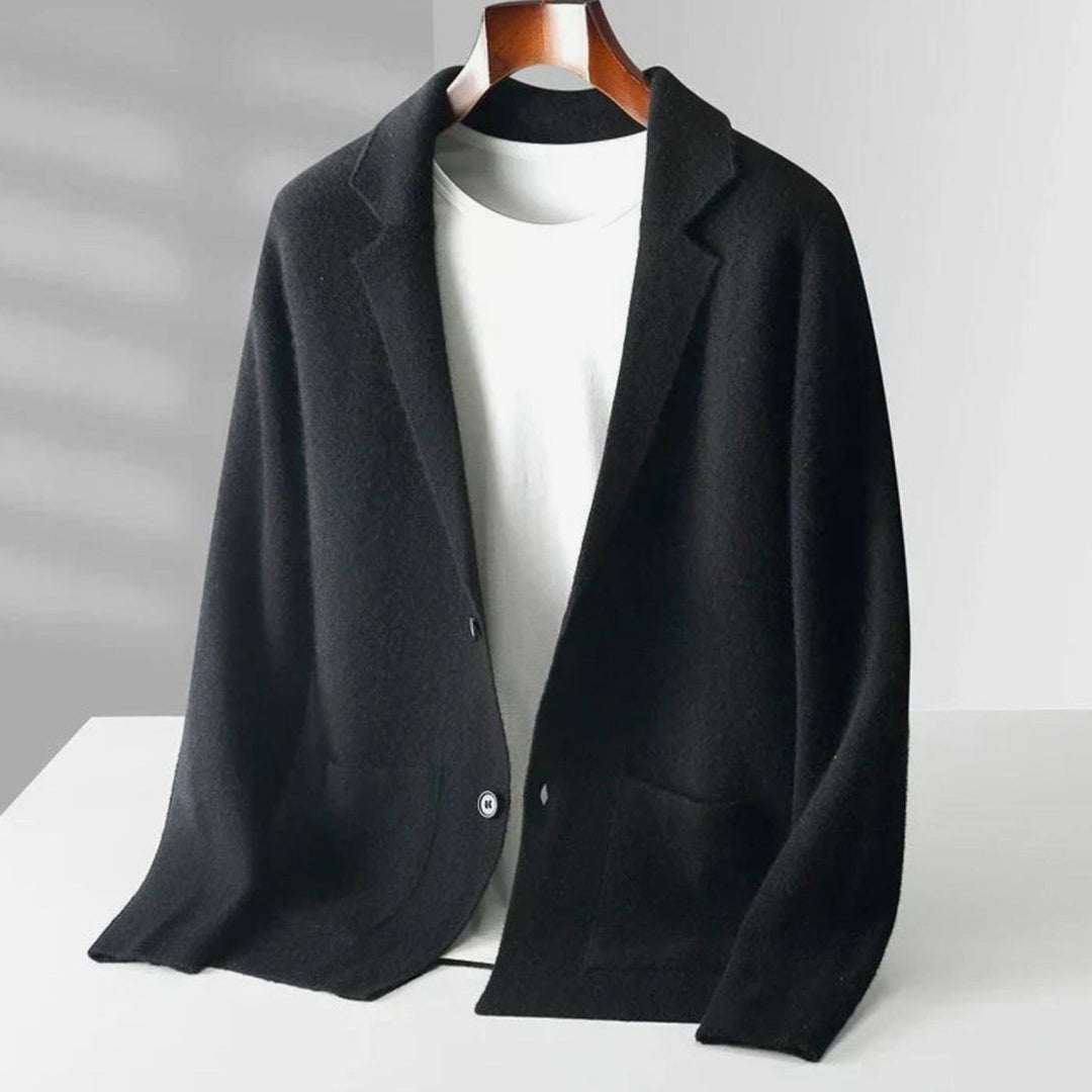 Men's Cashmere Knit Blazer-Style Mens Jumper Notch Lapel - Classic Black