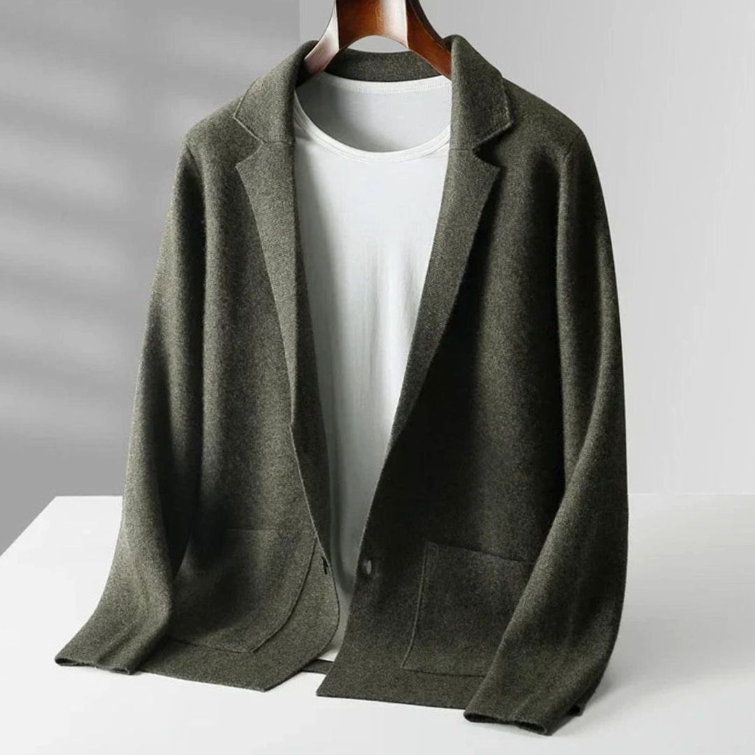 Men's Cashmere Knit Blazer-Style Mens Jumper Notch Lapel - Olive Green