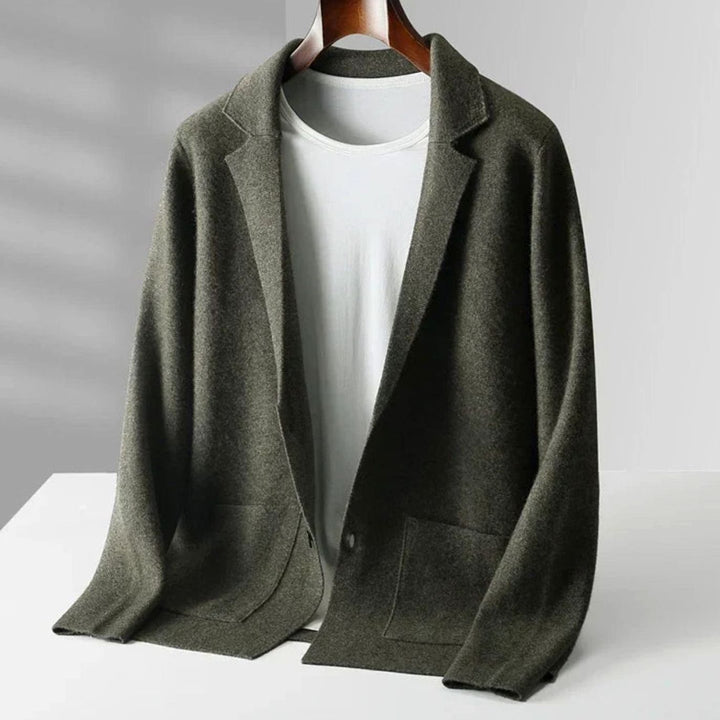 Men's Cashmere Knit Blazer-Style Mens Jumper Notch Lapel - Olive Green