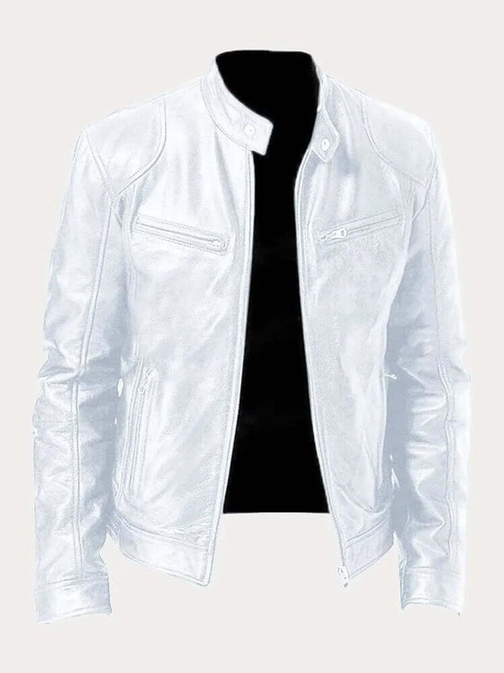 Men's Classic Biker-Style Zip-Up Leather Jacket - White