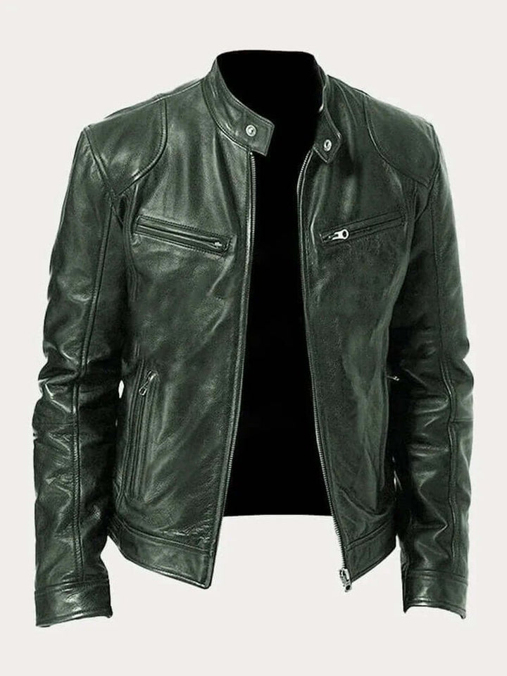 Men's Classic Biker-Style Zip-Up Leather Jacket - Military Green
