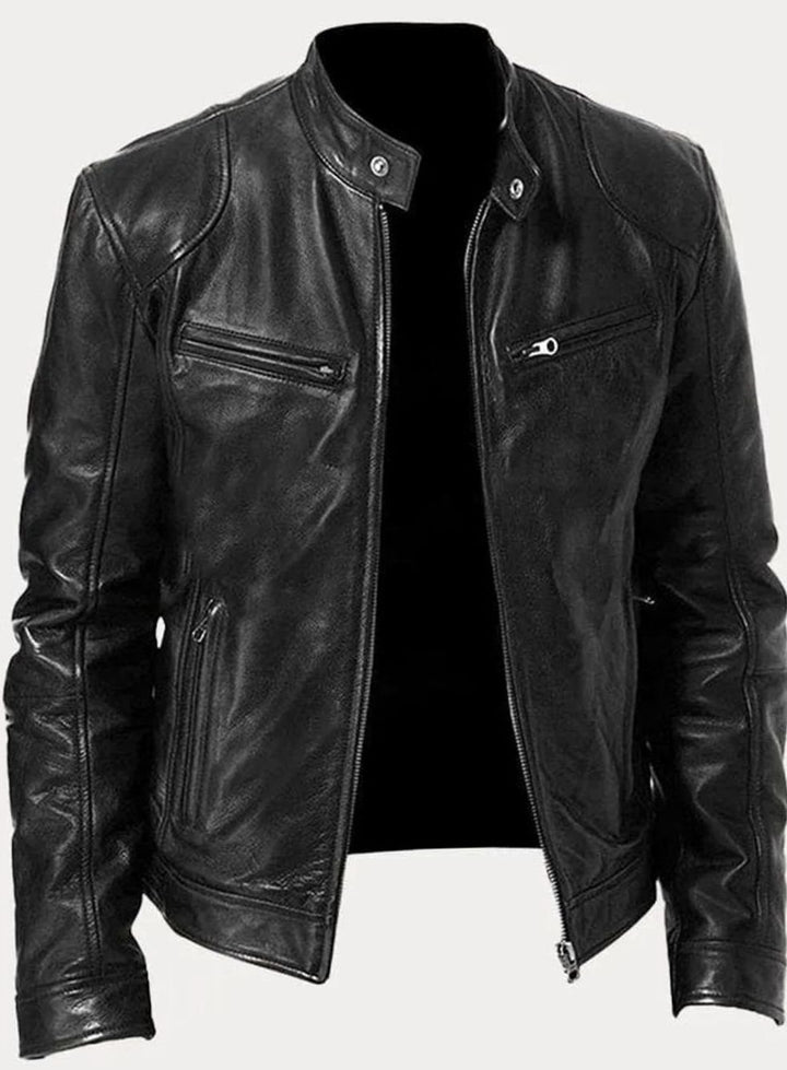 Men's Classic Moto-Inspired Slim-Fit Leather Style Jacket - Black
