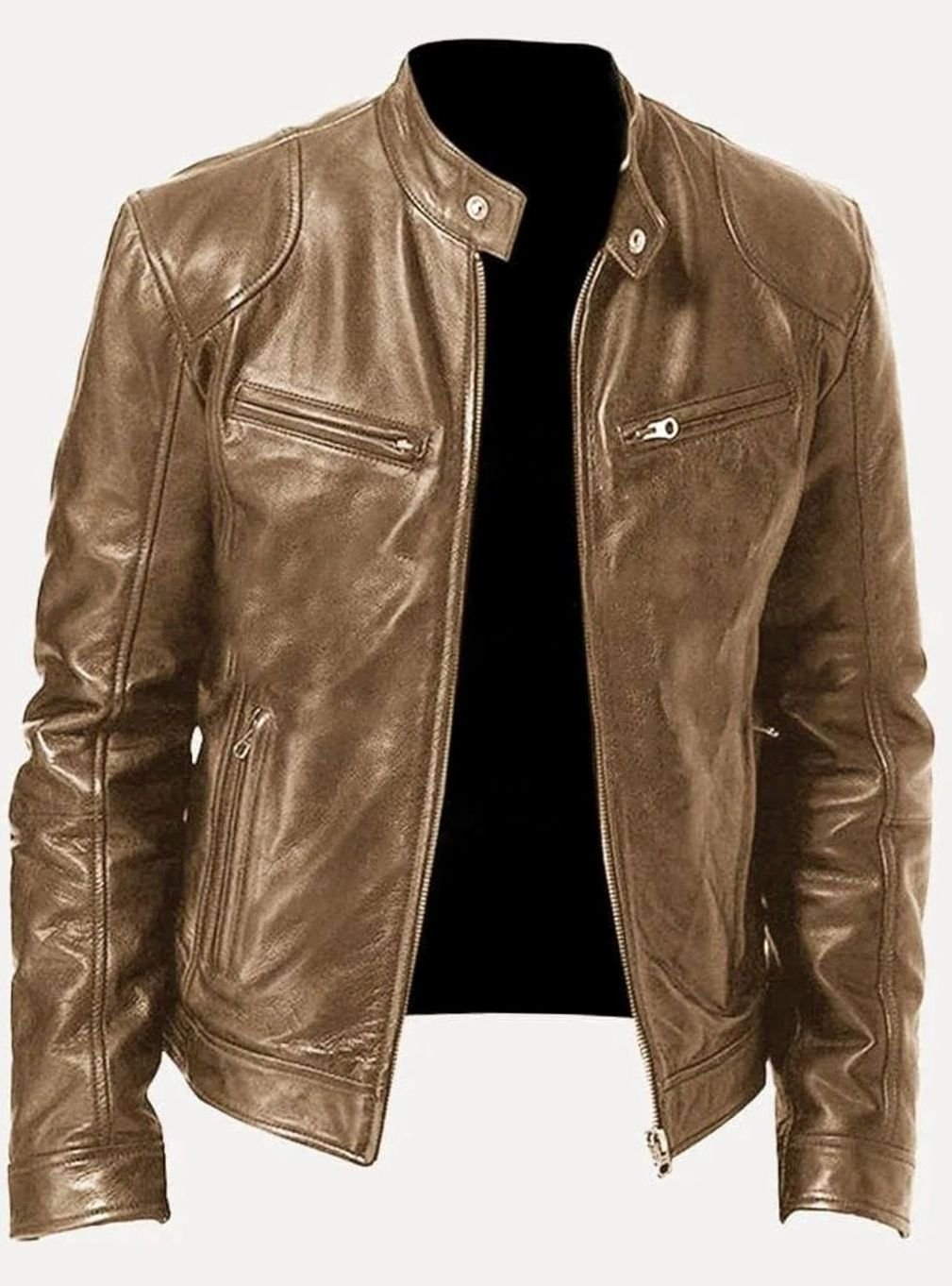 Men's Classic Moto-Inspired Slim-Fit Leather Style Jacket - Beige