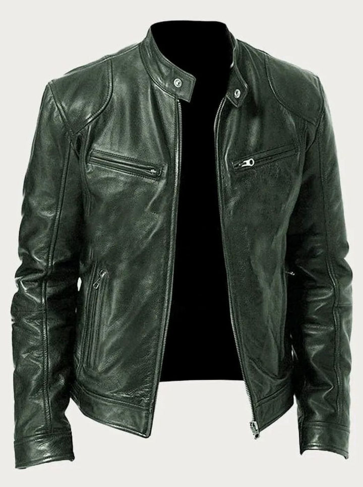 Men's Classic Moto-Inspired Slim-Fit Leather Style Jacket - Green