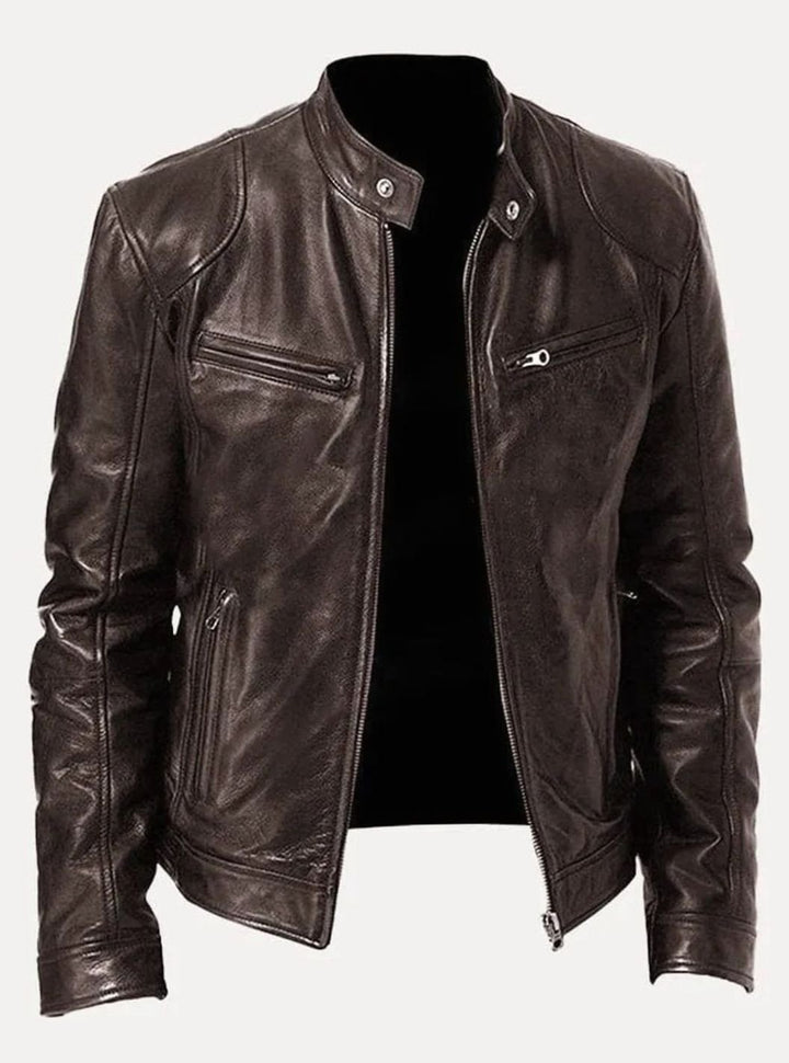 Men's Classic Moto-Inspired Slim-Fit Leather Style Jacket - Brown