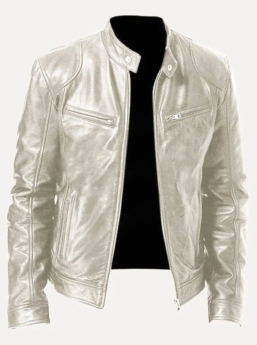 Men's Classic Moto-Inspired Slim-Fit Leather Style Jacket - Silver