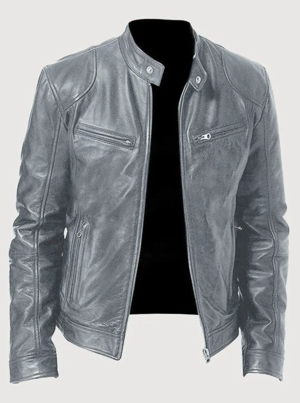 Men's Classic Moto-Inspired Slim-Fit Leather Style Jacket - Gray