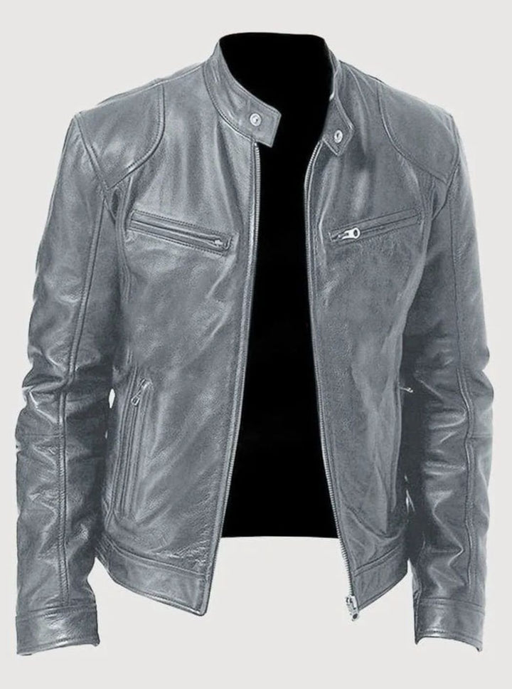 Men's Classic Moto-Inspired Slim-Fit Leather Style Jacket - Gray