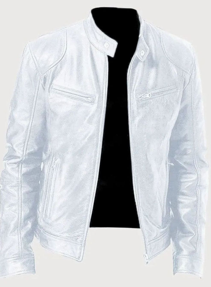 Men's Classic Moto-Inspired Slim-Fit Leather Style Jacket - White