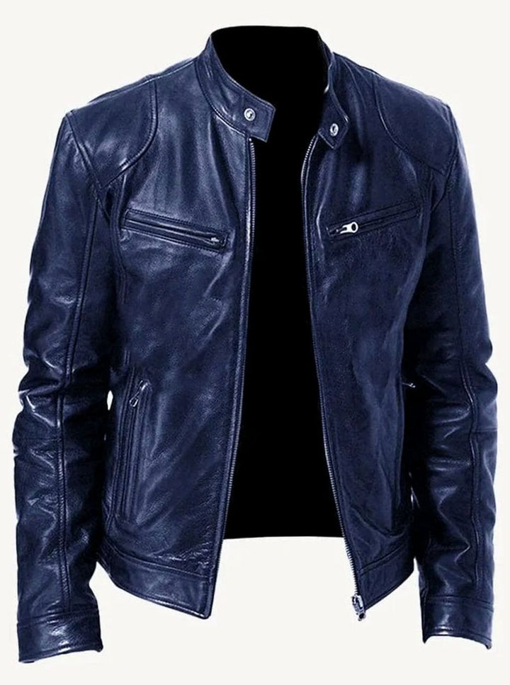 Men's Classic Moto-Inspired Slim-Fit Leather Style Jacket - Navy
