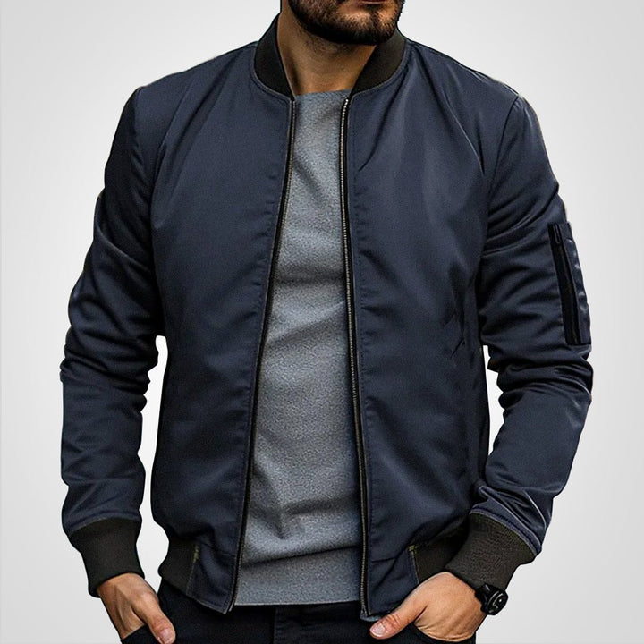 Men's Classic Zip-Up Bomber Jacket Ribbed Collar Sleeve Pocket - Dark Blue