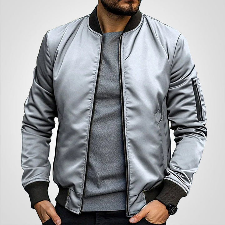 Men's Classic Zip-Up Bomber Jacket Ribbed Collar Sleeve Pocket - Light Grey