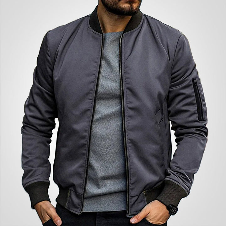 Men's Classic Zip-Up Bomber Jacket Ribbed Collar Sleeve Pocket - Dark Grey