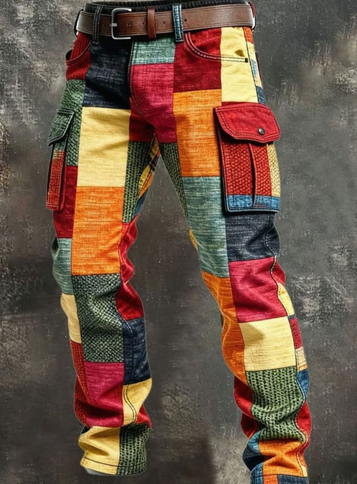 Men's Colourblock Patchwork Regular-Fit Cargo Pants - Multicolour