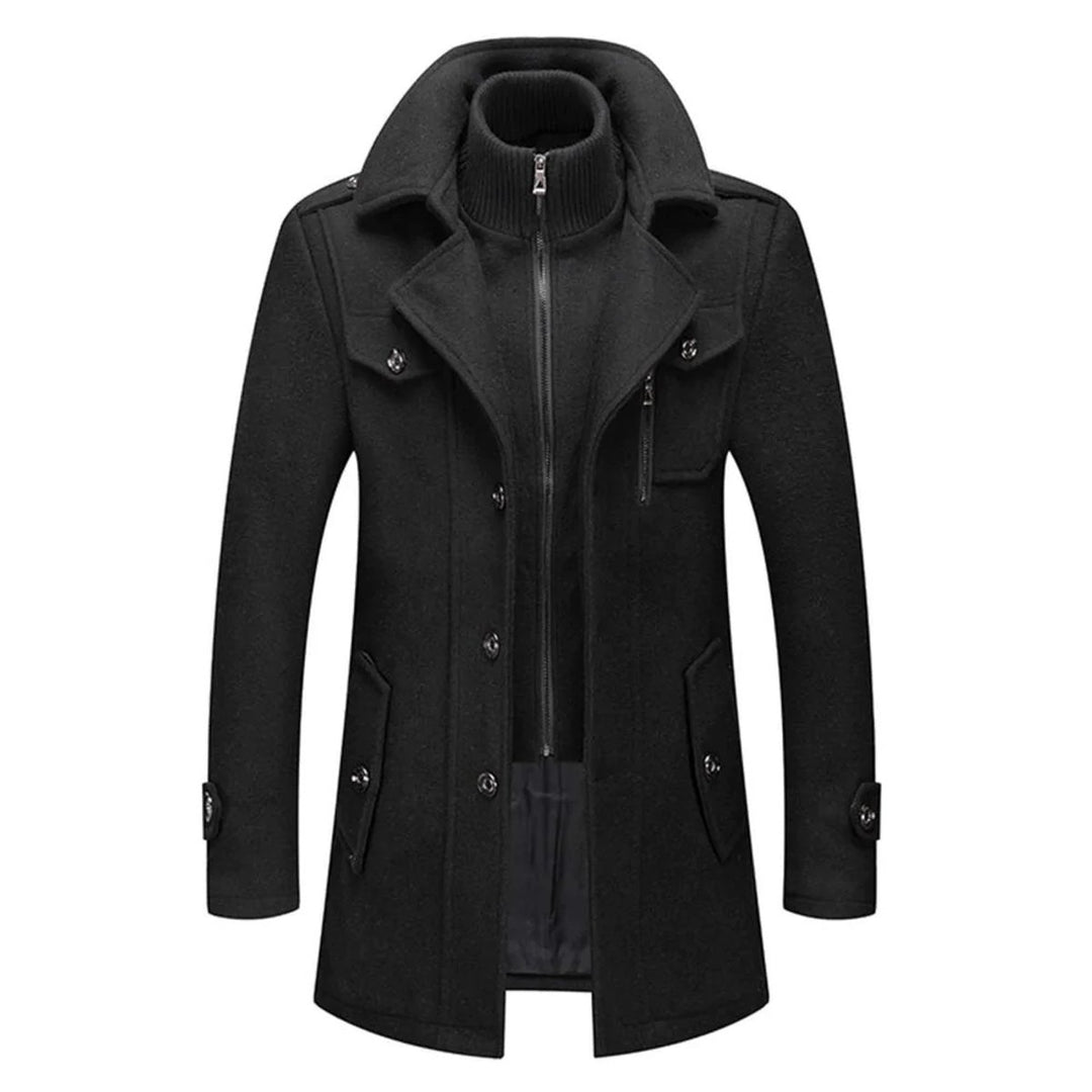 Men's Double-Collar Wool Coat Slim-Fit Winter Overcoat - Black