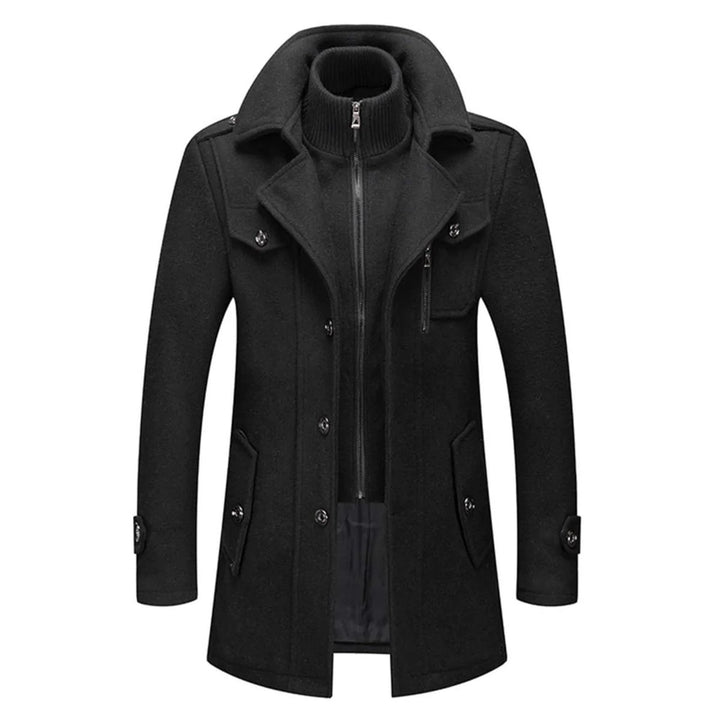 Men's Double-Collar Wool Coat Slim-Fit Winter Overcoat - Black