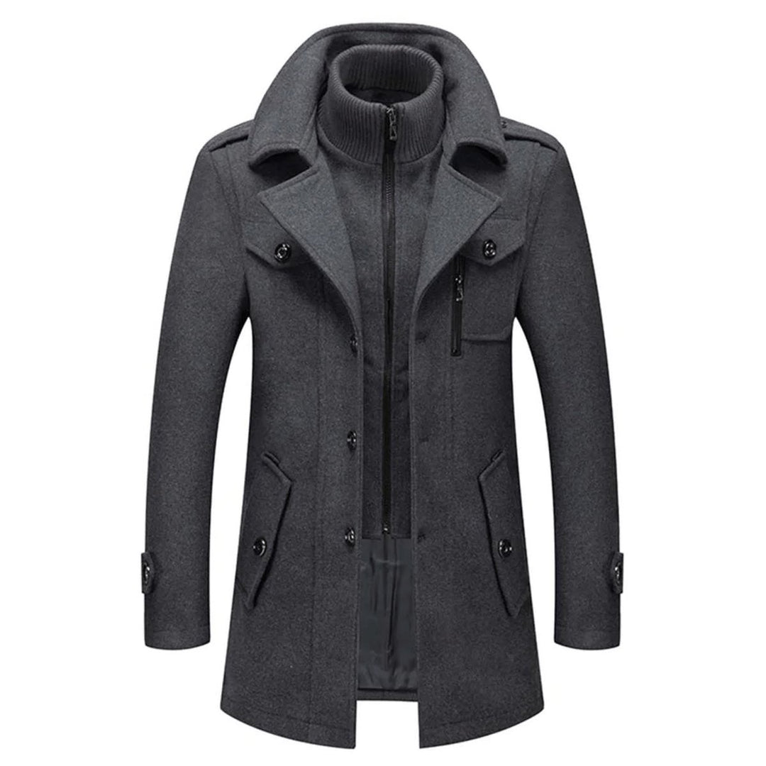 Men's Double-Collar Wool Coat Slim-Fit Winter Overcoat - Grey