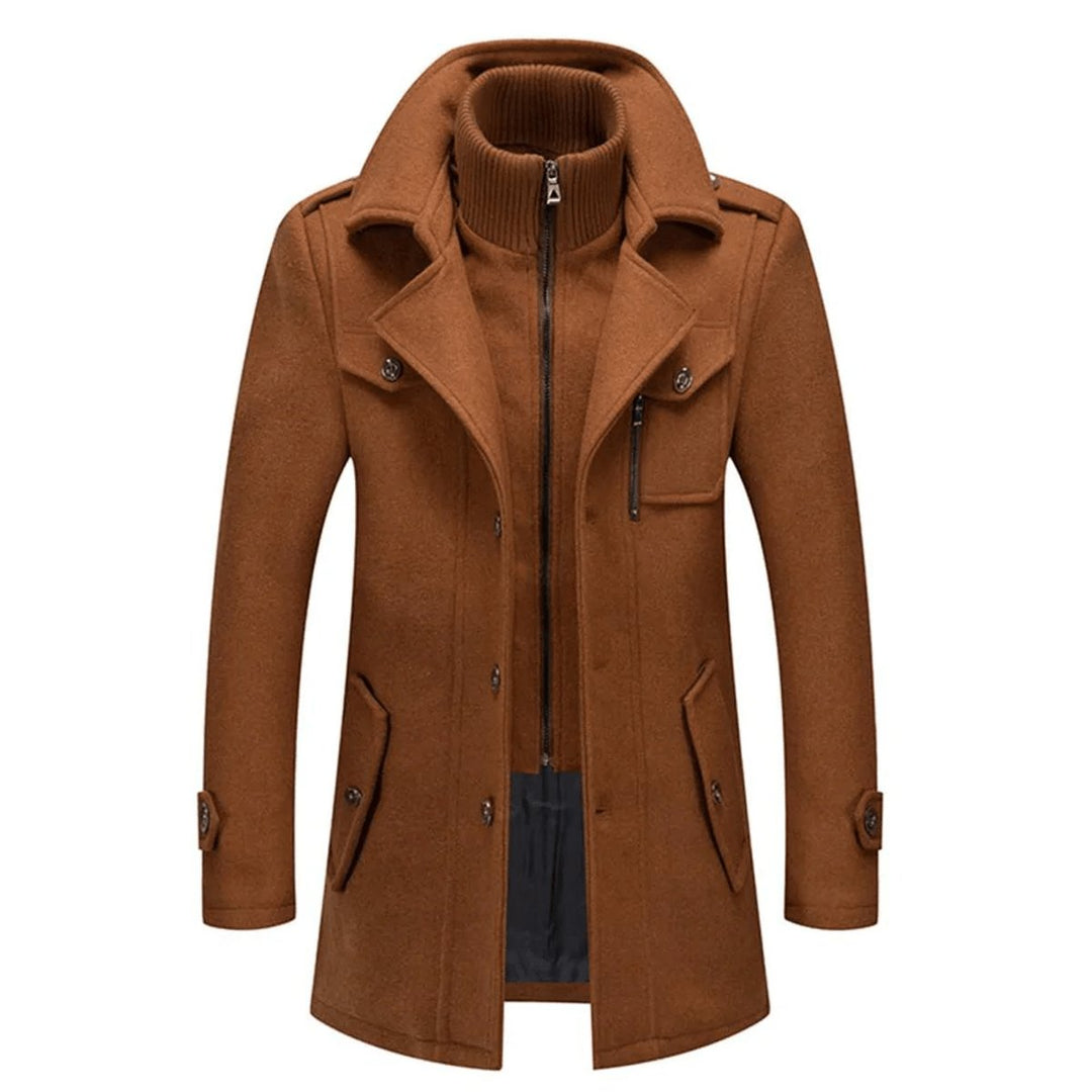 Men's Double-Collar Wool Coat Slim-Fit Winter Overcoat - Brown