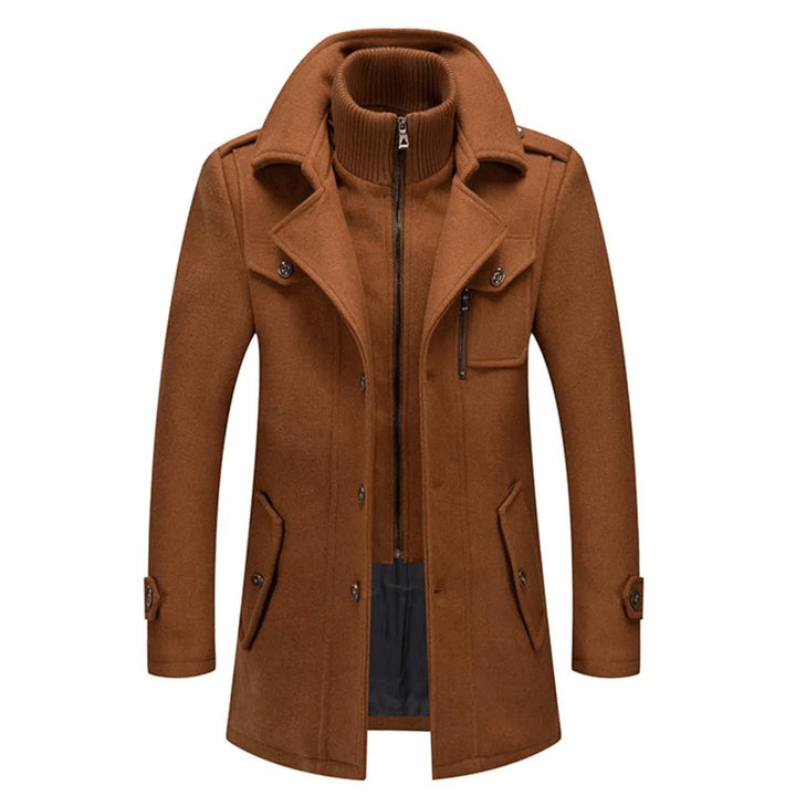 Men's Double-Collar Wool Coat Slim-Fit Winter Overcoat - Brown