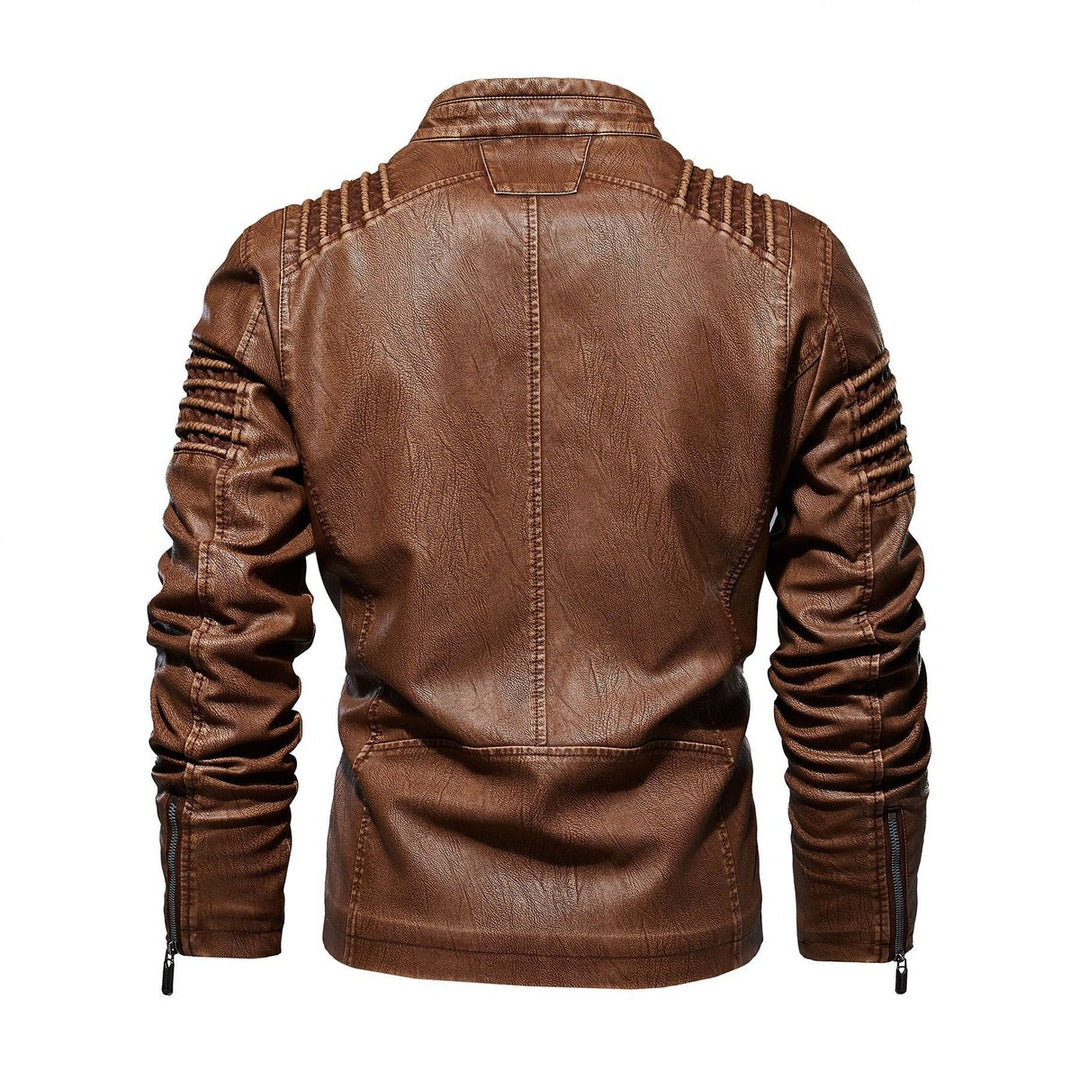 Men's Faux Leather Biker Jacket Ribbed Shoulder Zip-Up