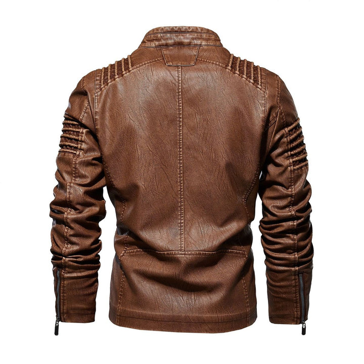 Men's Faux Leather Biker Jacket Ribbed Shoulder Zip-Up