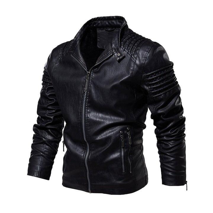 Men's Faux Leather Biker Jacket Ribbed Shoulder Zip-Up