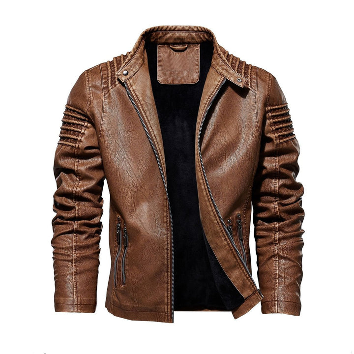 Men's Faux Leather Biker Jacket Ribbed Shoulder Zip-Up