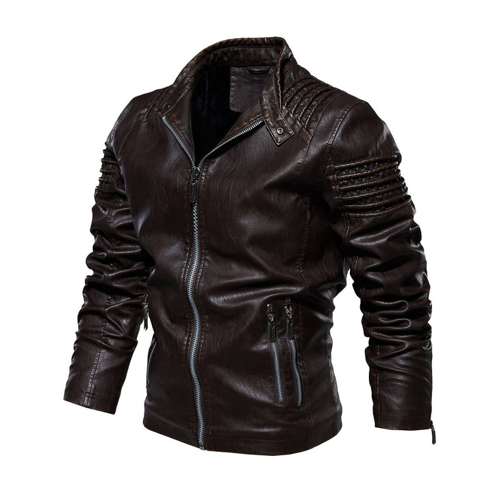 Men's Faux Leather Biker Jacket Ribbed Shoulder Zip-Up