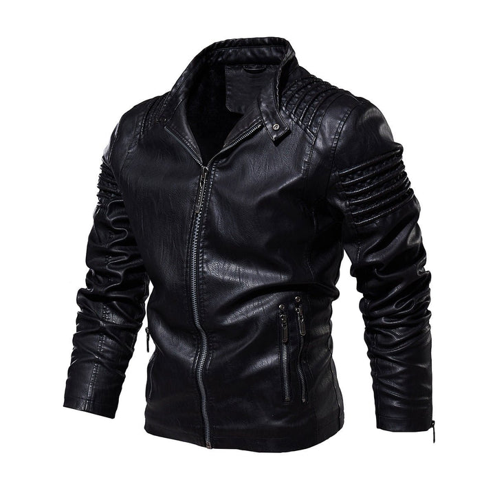 Men's Faux Leather Biker Jacket Ribbed Shoulder Zip-Up - Black
