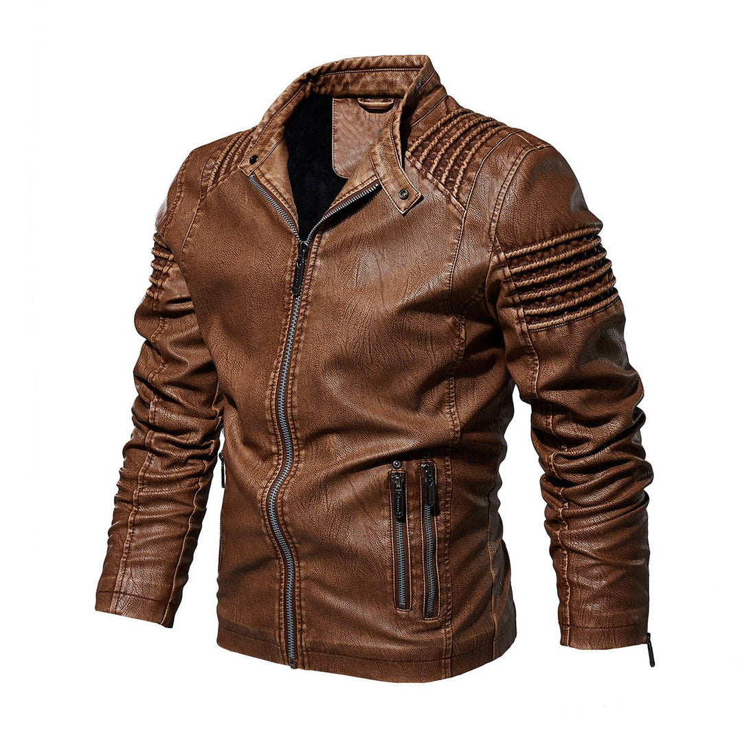 Men's Faux Leather Biker Jacket Ribbed Shoulder Zip-Up - Khaki