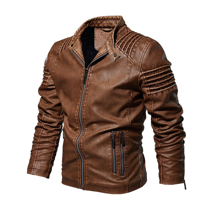 Men's Faux Leather Biker Jacket Ribbed Shoulder Zip-Up - Khaki