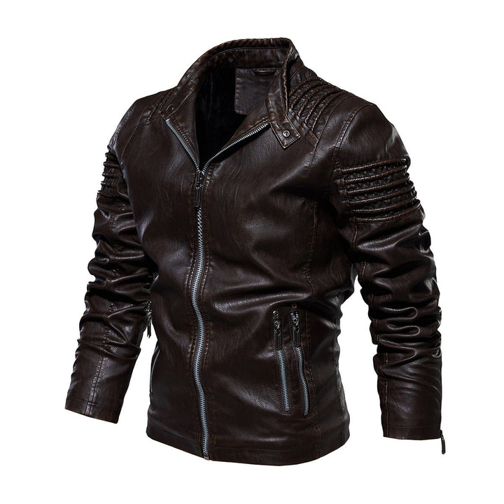 Men's Faux Leather Biker Jacket Ribbed Shoulder Zip-Up - Brown