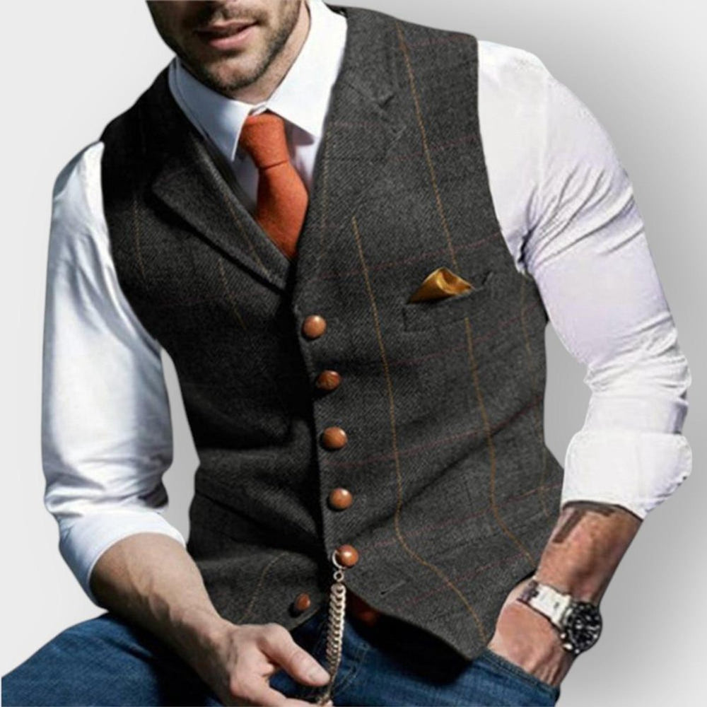 Mens Gilet Herringbone Tweed Plaid Button-Up Waistcoat Vest - Dark Grey