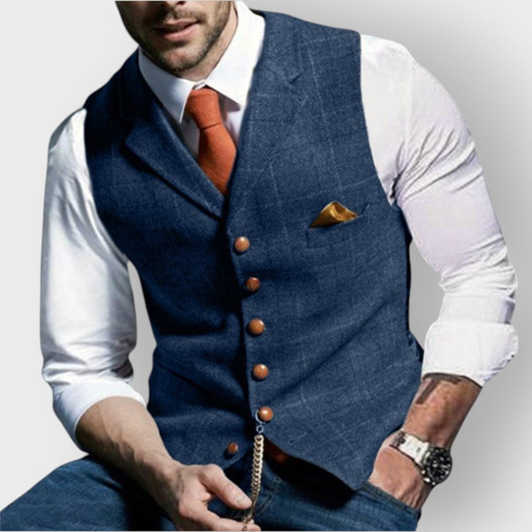 Mens Gilet Herringbone Tweed Plaid Button-Up Waistcoat Vest - Blue