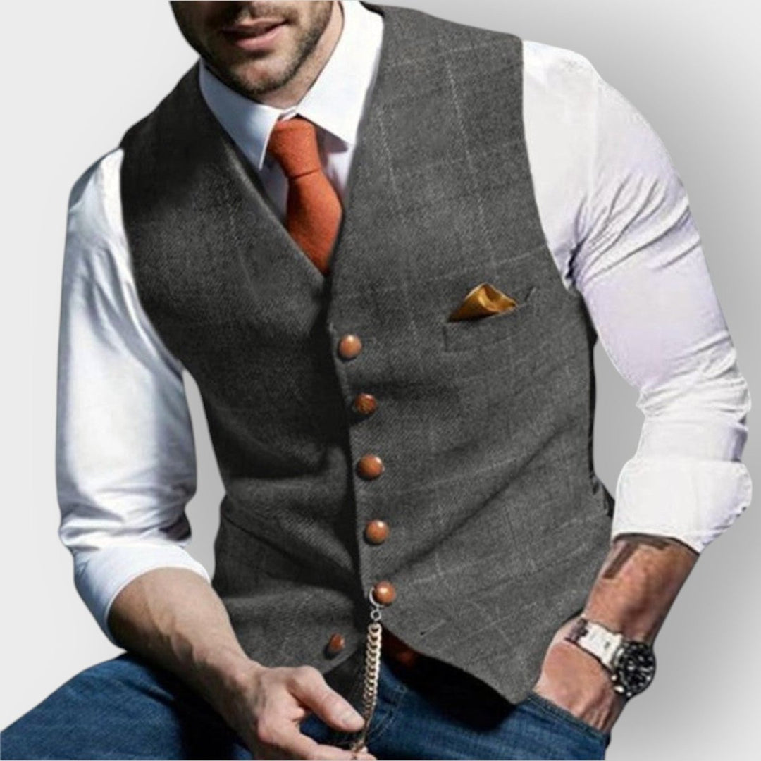 Mens Gilet Herringbone Tweed Plaid Button-Up Waistcoat Vest - Light Grey