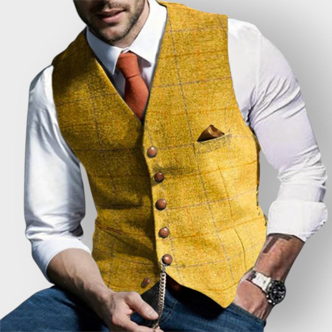 Mens Gilet Herringbone Tweed Plaid Button-Up Waistcoat Vest - Yellow