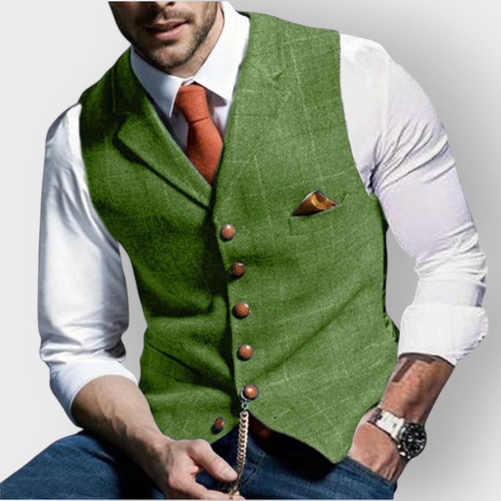 Mens Gilet Herringbone Tweed Plaid Button-Up Waistcoat Vest - Green