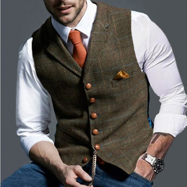 Mens Gilet Herringbone Tweed Plaid Button-Up Waistcoat Vest - Brown