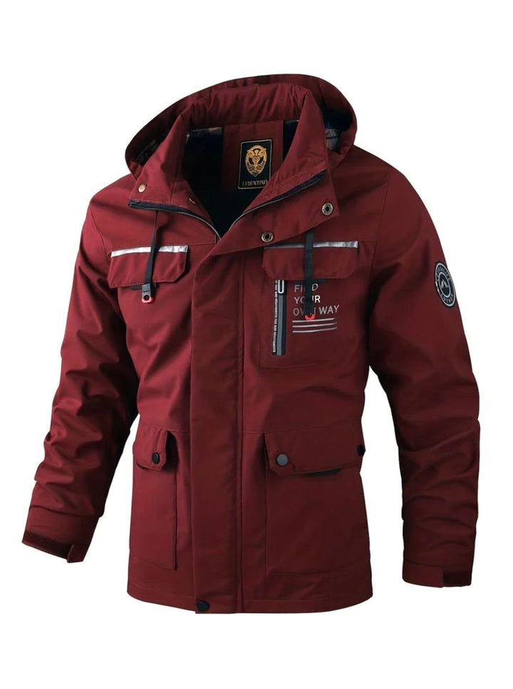 Men's Hooded Waterproof Insulated Winter Jacket Multi-Pocket - Burgundy