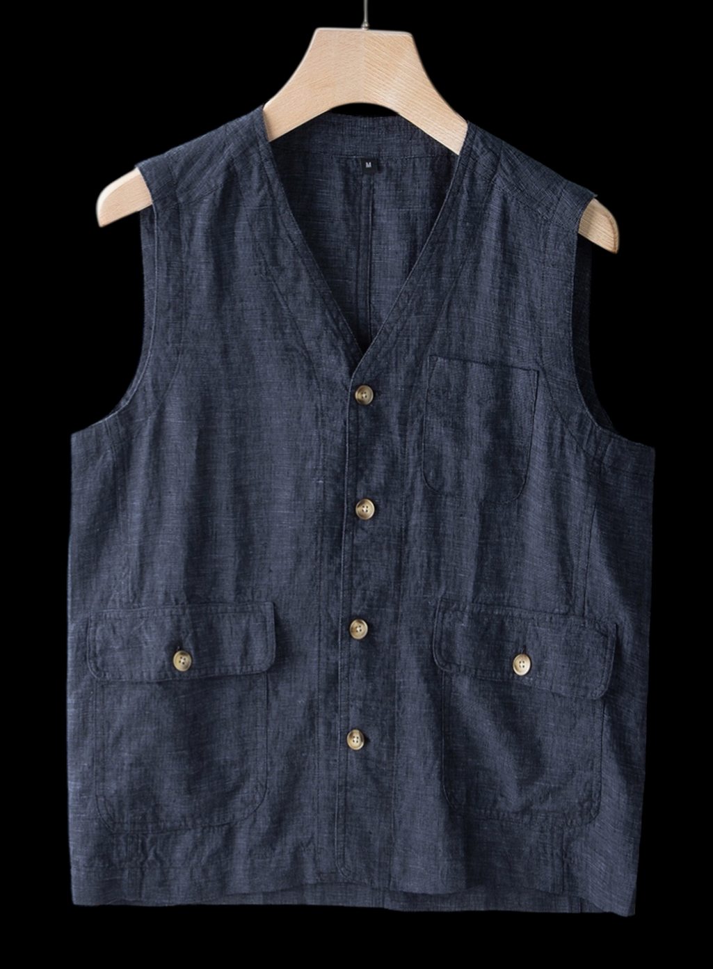 Mens Jumper Linen Sleeveless Button-Front Vest - Deep Atlantic