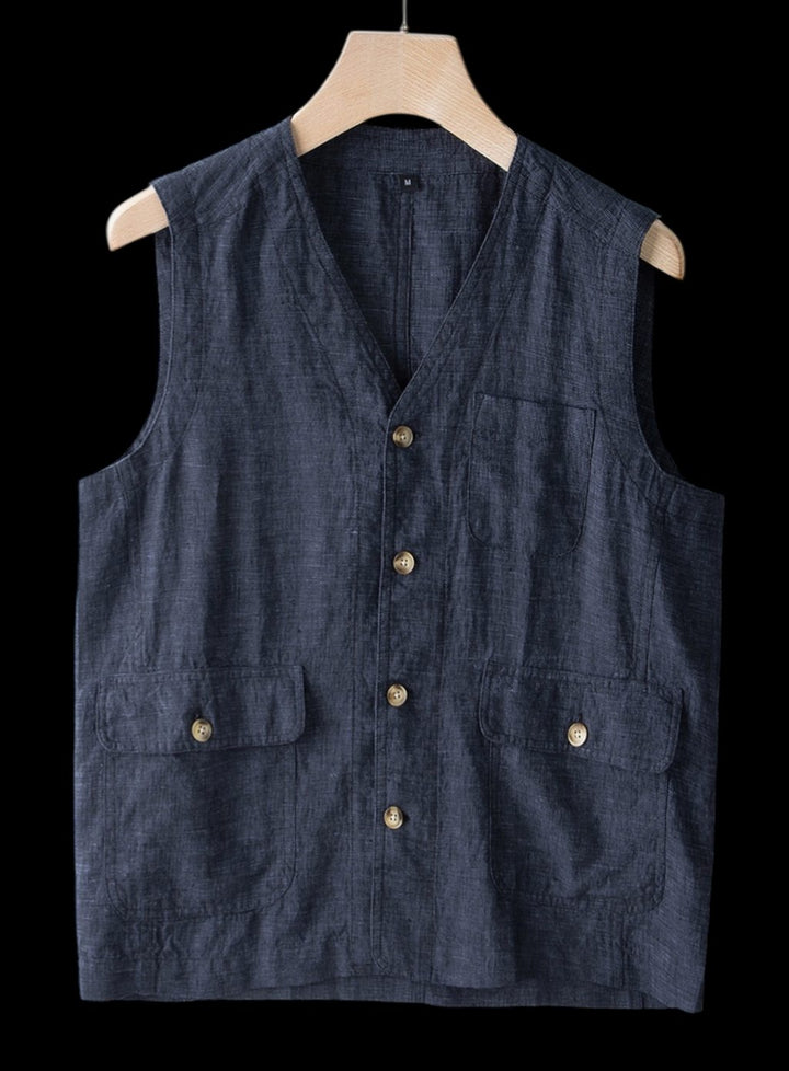 Mens Jumper Linen Sleeveless Button-Front Vest - Deep Atlantic