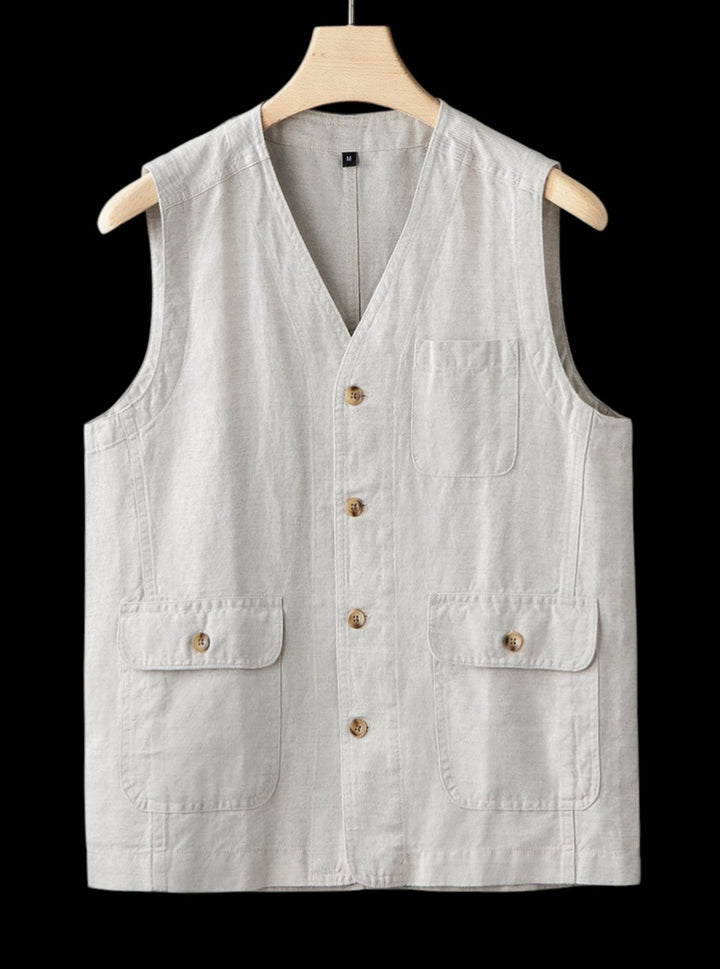 Mens Jumper Linen Sleeveless Button-Front Vest - Ivory Sand