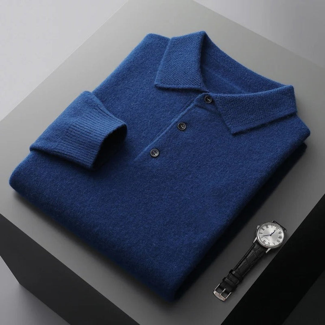Mens Knit Sweater Cashmere Polo Long Sleeve Pullover - Dark Blue