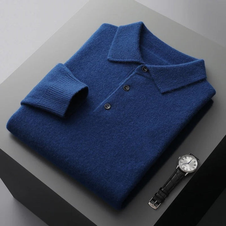 Mens Knit Sweater Cashmere Polo Long Sleeve Pullover - Dark Blue