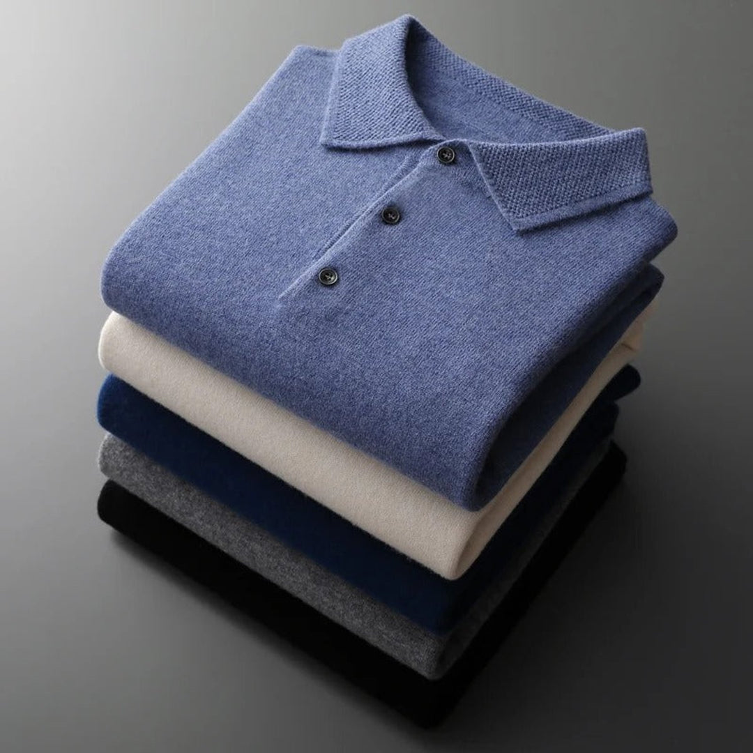 Mens Knit Sweater Cashmere Polo Long Sleeve Pullover